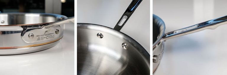 Review image showing all sides of the All-Clad Copper cookware set handles and design